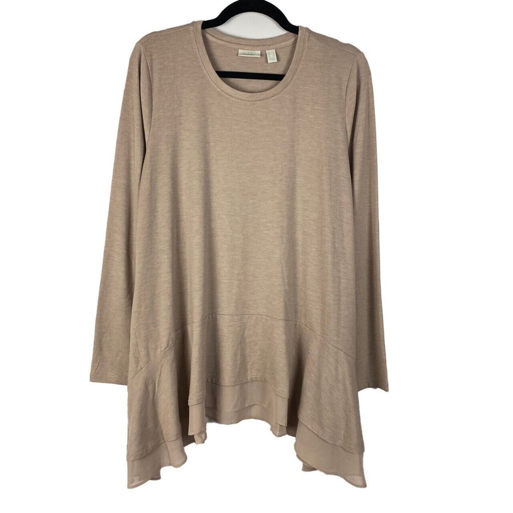 LOGO Lounge by Lori Goldstein Jersey Knit Top with Chiffon Hem Beige Large